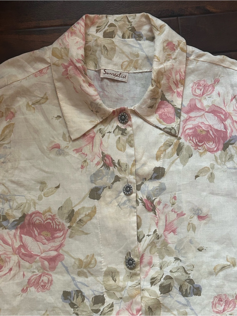 Vintage 90s Surrealist Floral Linen Patchwork Button-Down Shirt Jacket - Picture 13 of 13